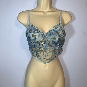 Blue gold Floral Embroidered appliqué Bustier bralette wireless bra size medium
